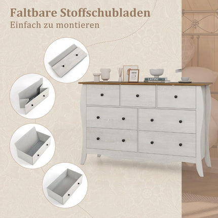 Kommode mit 7 klappbaren Stoffschubladen, Sideboard im Landhausstil, Kleiderschrank, grau