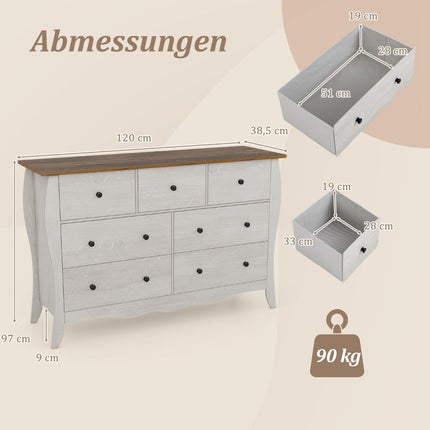 Kommode mit 7 klappbaren Stoffschubladen, Sideboard im Landhausstil, Kleiderschrank, grau