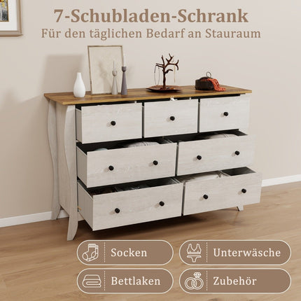 Kommode mit 7 klappbaren Stoffschubladen, Sideboard im Landhausstil, Kleiderschrank, grau