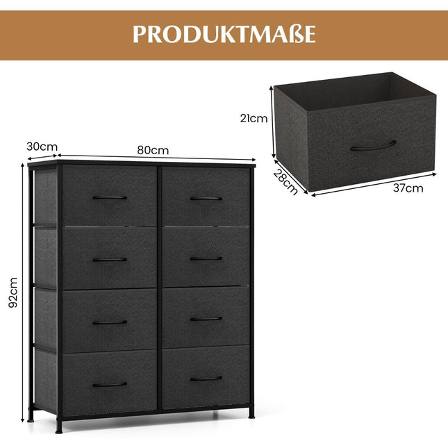 Chest of drawers with 8 drawers & metal frame & table top fabric chest of drawers 80 x 30 x 92 cm grey