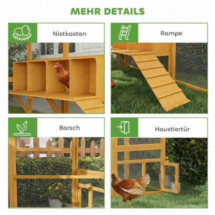 Hühnerstall mit Auslauf, 4 Legenester, für 8-12 Hühner