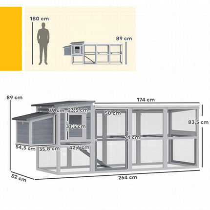 Chicken Coop with Run, Nesting Box, Asphalt Roof, 264x82x89cm
