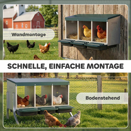 Hühner-Nistkasten mit Belüftung, 3 Fächer, Metall