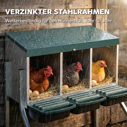 Hühner-Nistkasten mit Belüftung, 3 Fächer, Metall