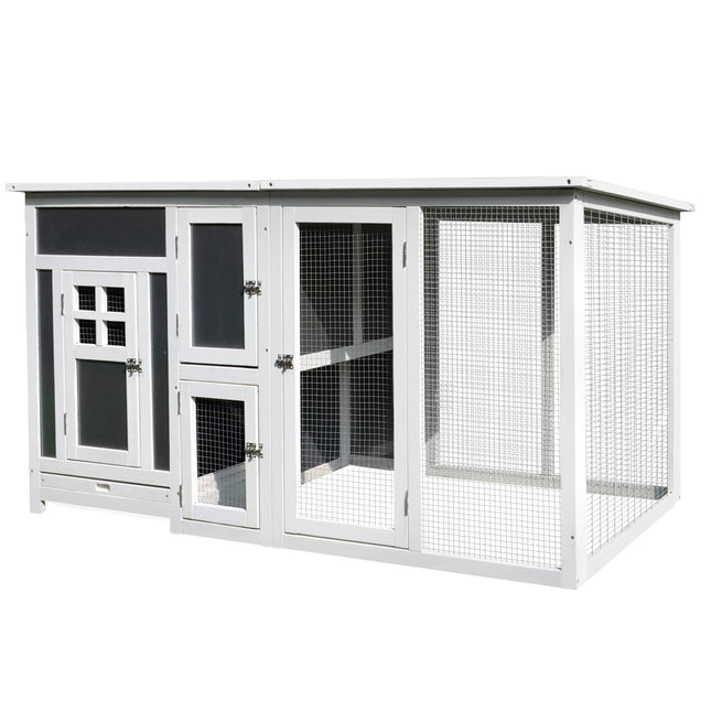 Poulailler poulailler pour 1 à 2 poules, avec pondoir et cage à œufs à 2 compartiments, sapin, gris + blanc, 160 x 75 x 80 cm