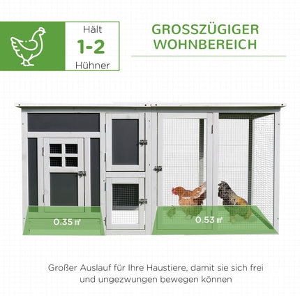Poulailler poulailler pour 1 à 2 poules, avec pondoir et cage à œufs à 2 compartiments, sapin, gris + blanc, 160 x 75 x 80 cm