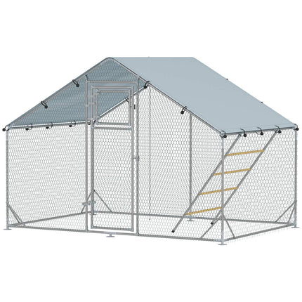 Poulailler en plein air en acier, 300 x 200 x 195 cm cage à poulets avec couverture résistante aux UV, porte d'alimentation, mangeoire suspendue, perchoir, enclos à poulets pour 6-8 poules, petits animaux, argent