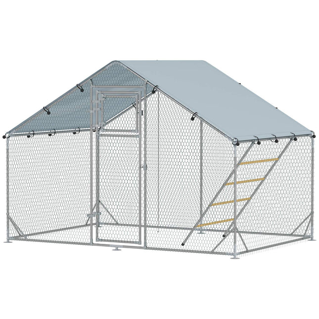 Poulailler en plein air en acier, 300 x 200 x 195 cm cage à poulets avec couverture résistante aux UV, porte d'alimentation, mangeoire suspendue, perchoir, enclos à poulets pour 6-8 poules, petits animaux, argent