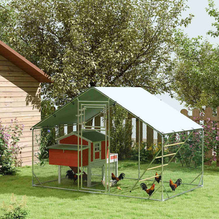 Poulailler en plein air en acier, 300 x 200 x 195 cm cage à poulets avec couverture résistante aux UV, porte d'alimentation, mangeoire suspendue, perchoir, enclos à poulets pour 6-8 poules, petits animaux, argent