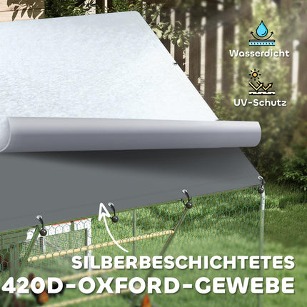 Poulailler en plein air en acier, 300 x 200 x 195 cm cage à poulets avec couverture résistante aux UV, porte d'alimentation, mangeoire suspendue, perchoir, enclos à poulets pour 6-8 poules, petits animaux, argent