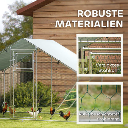 Poulailler en plein air en acier, 300 x 200 x 195 cm cage à poulets avec couverture résistante aux UV, porte d'alimentation, mangeoire suspendue, perchoir, enclos à poulets pour 6-8 poules, petits animaux, argent