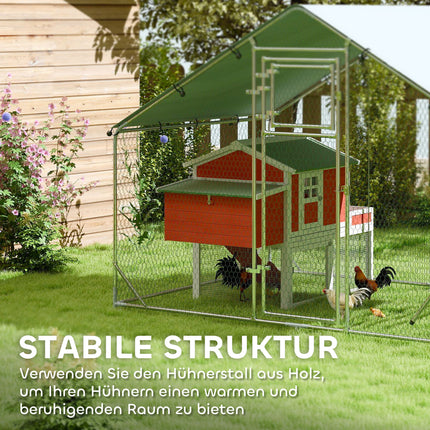 Poulailler en plein air en acier, 300 x 200 x 195 cm cage à poulets avec couverture résistante aux UV, porte d'alimentation, mangeoire suspendue, perchoir, enclos à poulets pour 6-8 poules, petits animaux, argent