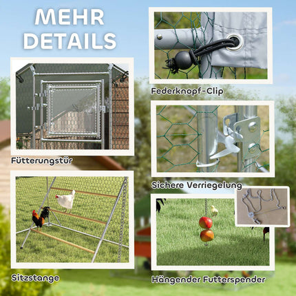 Poulailler en plein air en acier, 300 x 200 x 195 cm cage à poulets avec couverture résistante aux UV, porte d'alimentation, mangeoire suspendue, perchoir, enclos à poulets pour 6-8 poules, petits animaux, argent