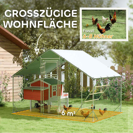 Poulailler en plein air en acier, 300 x 200 x 195 cm cage à poulets avec couverture résistante aux UV, porte d'alimentation, mangeoire suspendue, perchoir, enclos à poulets pour 6-8 poules, petits animaux, argent