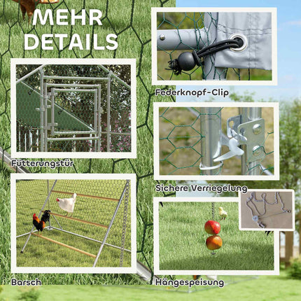 Poulailler en plein air en acier, 300 x 400 x 195 cm cage à poulets avec couverture résistante aux UV, porte d'alimentation, mangeoire suspendue, perchoir, enclos à poulets pour 12 à 18 poules, petits animaux, argent