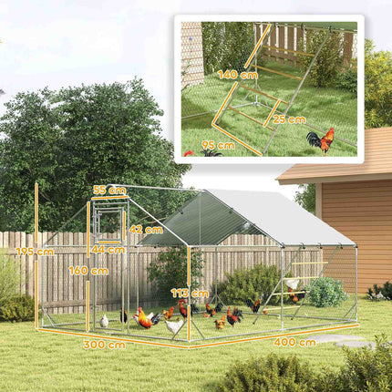 Poulailler en plein air en acier, 300 x 400 x 195 cm cage à poulets avec couverture résistante aux UV, porte d'alimentation, mangeoire suspendue, perchoir, enclos à poulets pour 12 à 18 poules, petits animaux, argent