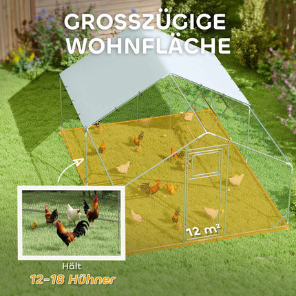 Poulailler en plein air en acier, 300 x 400 x 195 cm cage à poulets avec couverture résistante aux UV, porte d'alimentation, mangeoire suspendue, perchoir, enclos à poulets pour 12 à 18 poules, petits animaux, argent