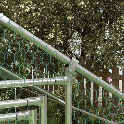 Poulailler en plein air en acier, 300 x 400 x 195 cm cage à poulets avec couverture résistante aux UV, porte d'alimentation, mangeoire suspendue, perchoir, enclos à poulets pour 12 à 18 poules, petits animaux, argent