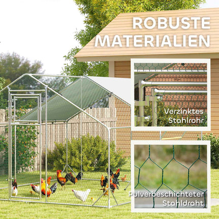 Poulailler en plein air en acier, 300 x 400 x 195 cm cage à poulets avec couverture résistante aux UV, porte d'alimentation, mangeoire suspendue, perchoir, enclos à poulets pour 12 à 18 poules, petits animaux, argent