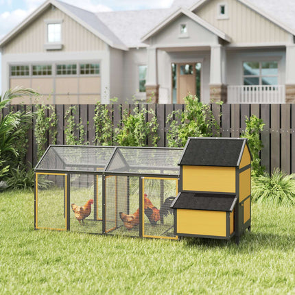 Chicken coop, small animal coop, 2 outdoor enclosures, 1 nesting box, 2 ramps, asphalt roof, weatherproof, yellow