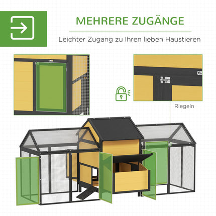 Chicken coop, small animal coop, 2 outdoor enclosures, 1 nesting box, 2 ramps, asphalt roof, weatherproof, yellow