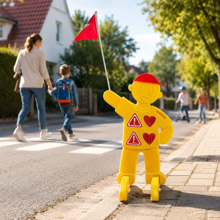 Child Safety Warning Figure for Roads with Red Flag, Yellow, 84 cm Tall
