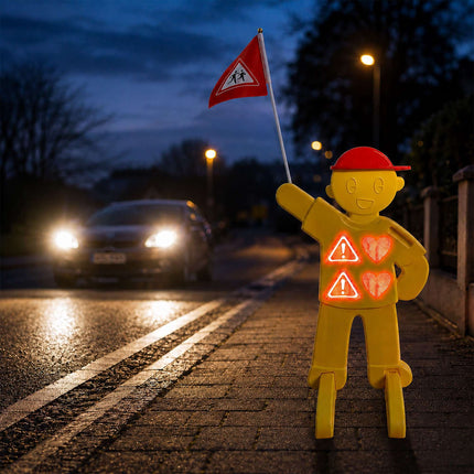 Child Safety Warning Figure for Roads with Red Flag, Yellow, 84 cm Tall