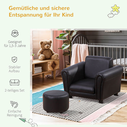 Schwarzer Kindersessel mit Fußhocker - 3-7 Jahre, 54x42x41cm