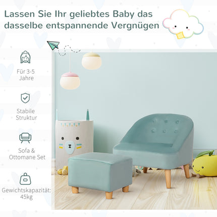 Samtsessel für Kinder mit Fußhocker, grün, 51 cm