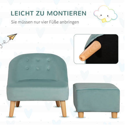 Samtsessel für Kinder mit Fußhocker, grün, 51 cm