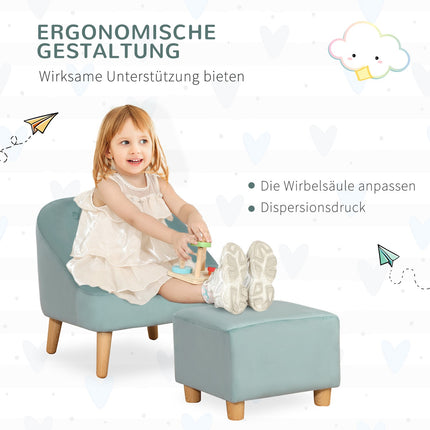 Samtsessel für Kinder mit Fußhocker, grün, 51 cm