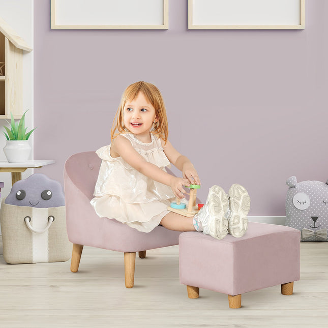 Kinder-Samtsessel mit Fußhocker - Rosa, bequem
