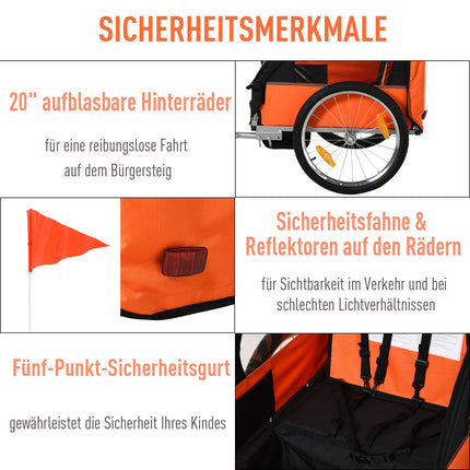 Kinderfahrradanhänger für 2, Stahlrahmen, Sicherheitsgurte