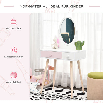 White dressing table in solid wood for children with mirror