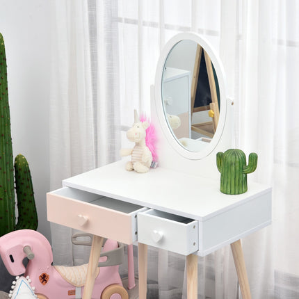 White dressing table in solid wood for children with mirror