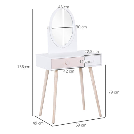 White dressing table in solid wood for children with mirror