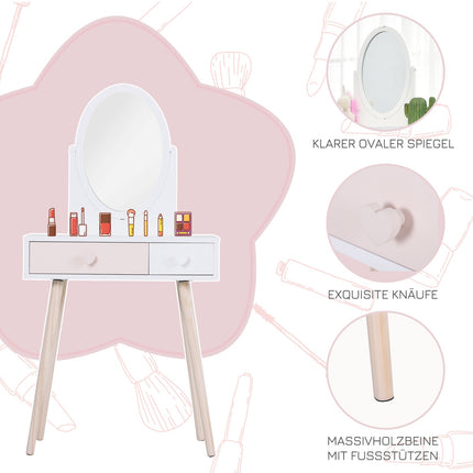 White dressing table in solid wood for children with mirror