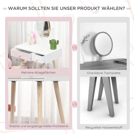 White dressing table in solid wood for children with mirror