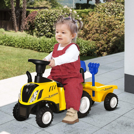Gelber Aufsitz-Traktor mit Anhänger und Hupe für Kinder