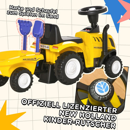 Gelber Aufsitz-Traktor mit Anhänger und Hupe für Kinder