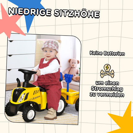 Gelber Aufsitz-Traktor mit Anhänger und Hupe für Kinder