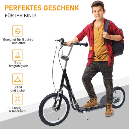Cityroller für Kinder mit Bremsen, 16/12 Zoll, schwarz