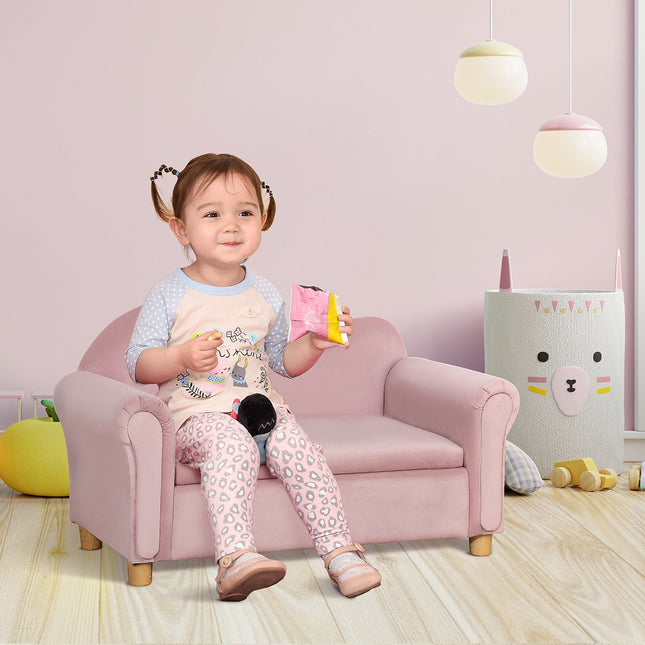 Pink fleece sofa for children with storage, 2-seater, 3-5 years