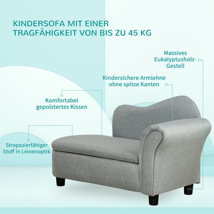 Hellgraues Kindersofa mit Stauraum - Massivholz, 80x40x49 cm