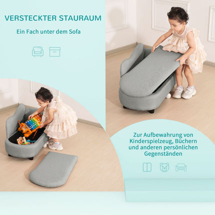 Hellgraues Kindersofa mit Stauraum - Massivholz, 80x40x49 cm