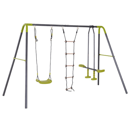 Balançoire de jardin pour enfants avec cadre en métal, échelle de corde et bascule, pour 3 à 10 ans, jusqu'à 3 enfants