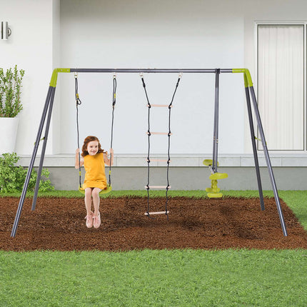 Balançoire de jardin pour enfants avec cadre en métal, échelle de corde et bascule, pour 3 à 10 ans, jusqu'à 3 enfants
