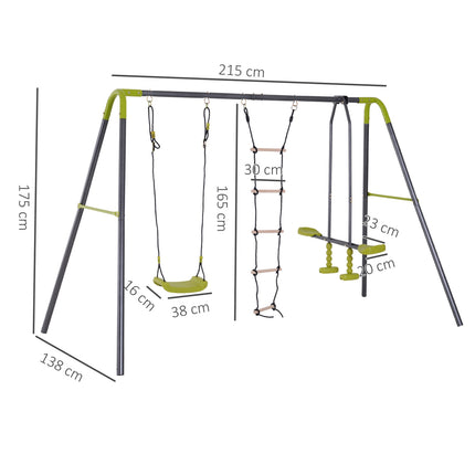 Balançoire de jardin pour enfants avec cadre en métal, échelle de corde et bascule, pour 3 à 10 ans, jusqu'à 3 enfants