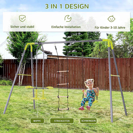 Balançoire de jardin pour enfants avec cadre en métal, échelle de corde et bascule, pour 3 à 10 ans, jusqu'à 3 enfants