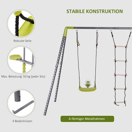 Balançoire de jardin pour enfants avec cadre en métal, échelle de corde et bascule, pour 3 à 10 ans, jusqu'à 3 enfants